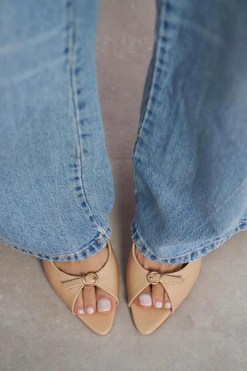 RONE Nude Matte Pointed Toe Open Front Buckle Women’s Shoes