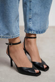 VELORA Black Matte Square Toe Open Front Ankle Strap Women’s Heeled Shoes
