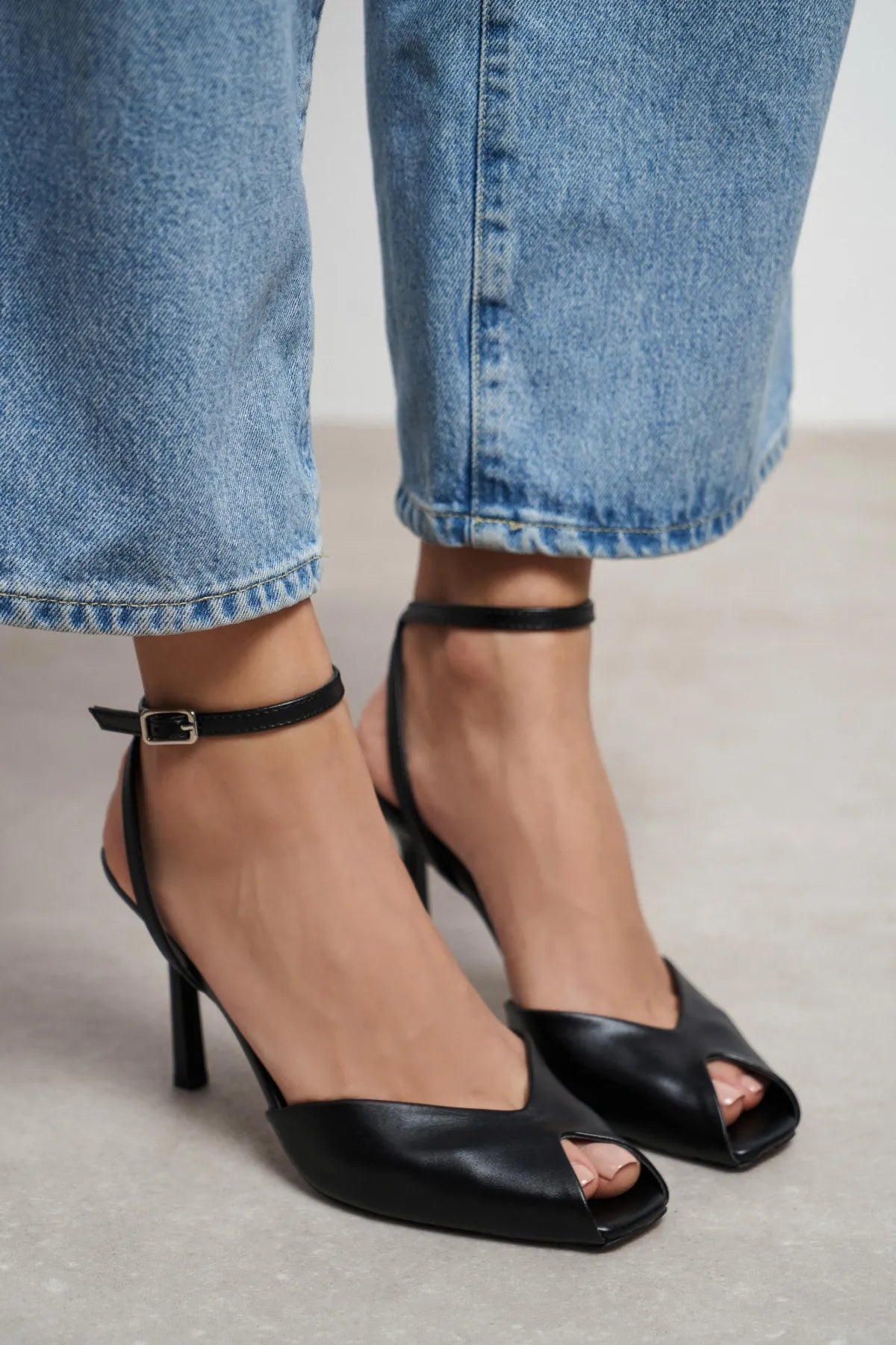 VELORA Black Matte Square Toe Open Front Ankle Strap Women’s Heeled Shoes