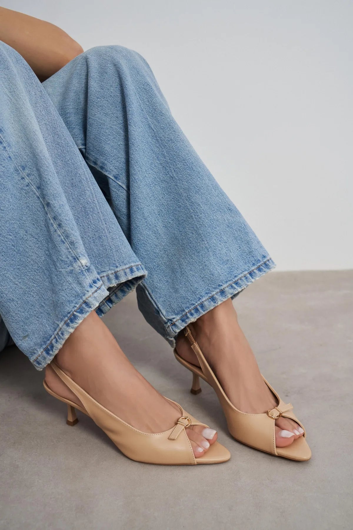 RONE Nude Matte Pointed Toe Open Front Buckle Women’s Shoes