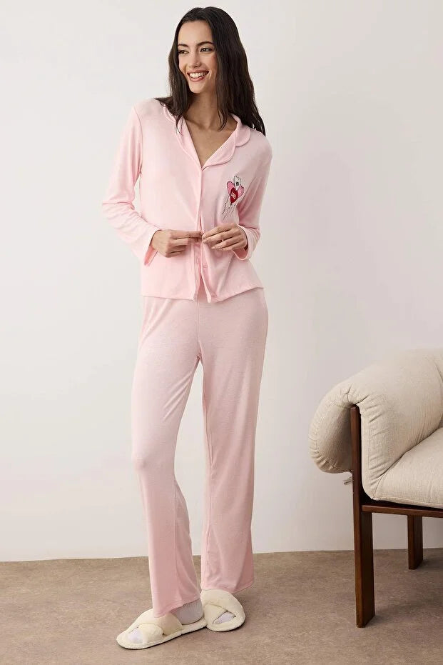 Pink Heart Printed Ribbed Knit Pajama Set