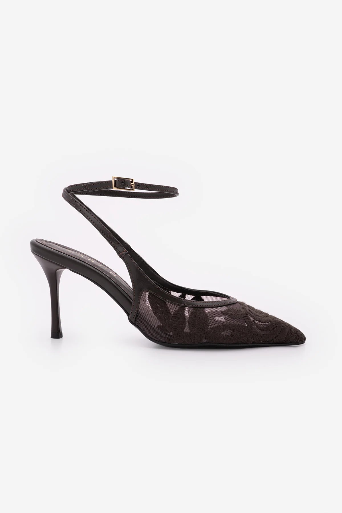 LIMEZ Brown Embroidered Mesh Pointed Toe Slingback Stiletto Heels
