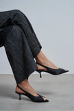 SALVA Black Satin Pointed Toe Open Front Women’s Heels
