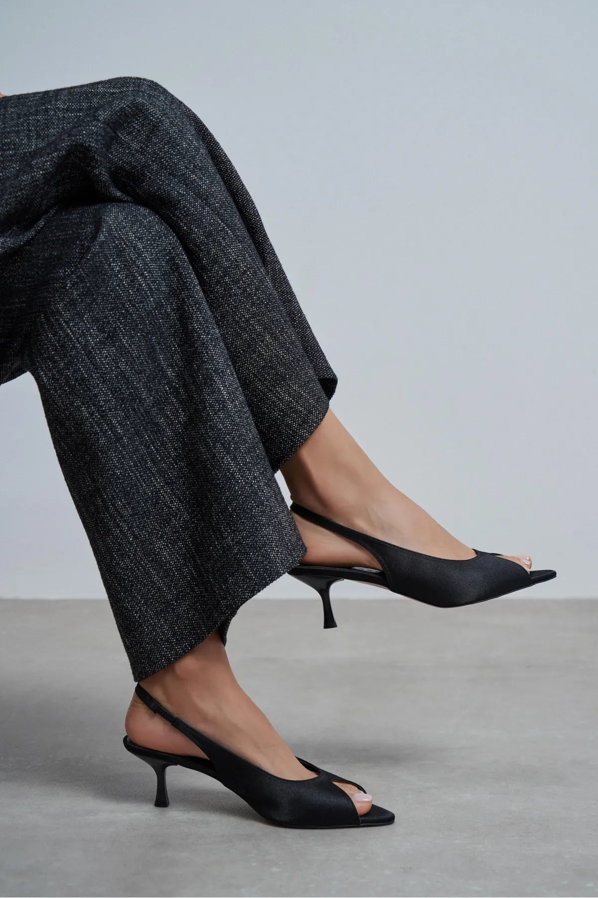 SALVA Black Satin Pointed Toe Open Front Women’s Heels