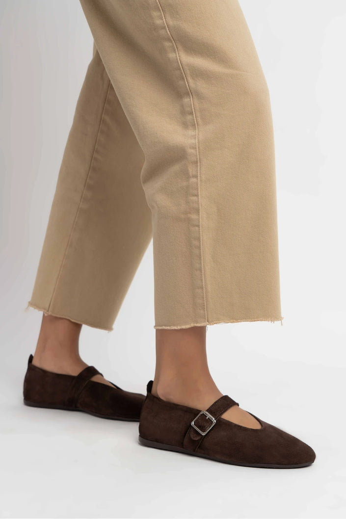 MERA BROWN SUEDE BUCKLE DETAIL BUCKLE DETAIL FLAT SOLE WOMEN'S BALLERINA