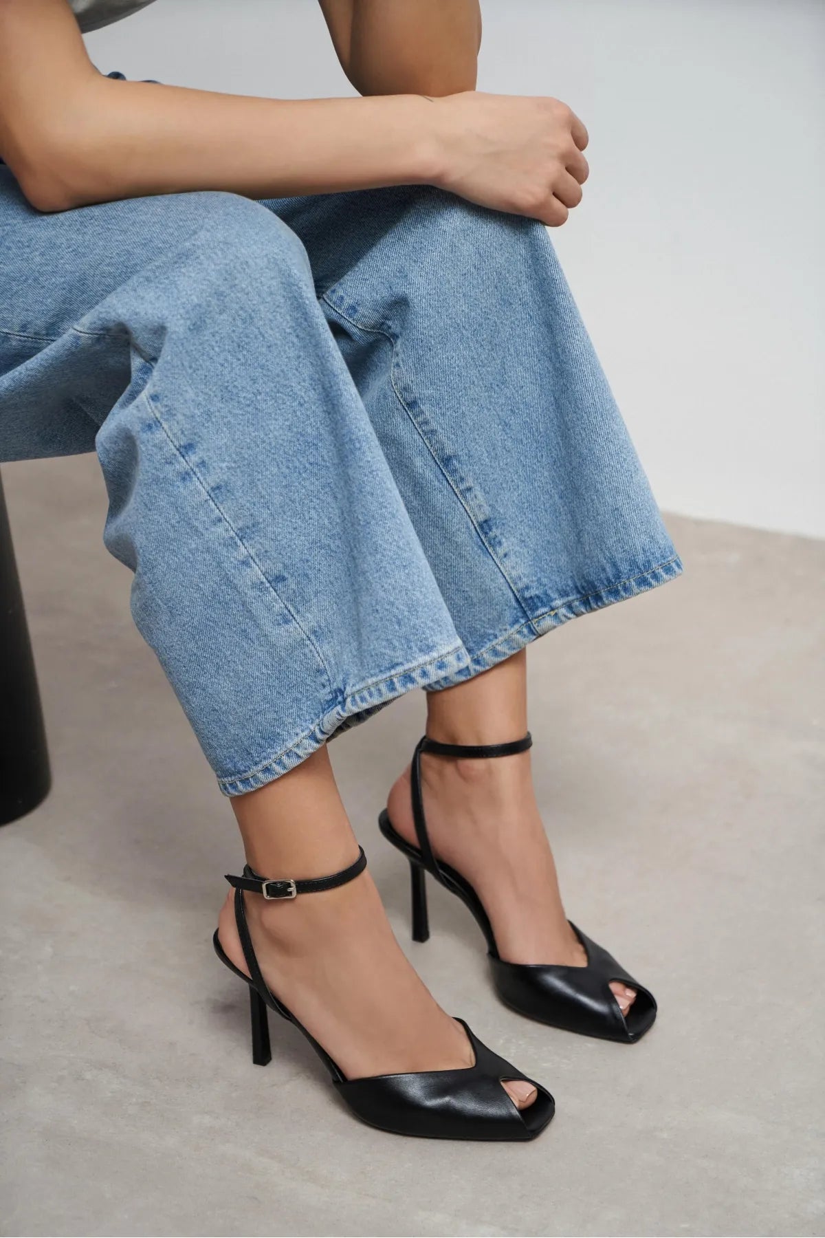 VELORA Black Matte Square Toe Open Front Ankle Strap Women’s Heeled Shoes