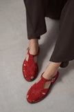 SOLTO Red Suede Leather Buckle Detail Flat Women’s Sandals