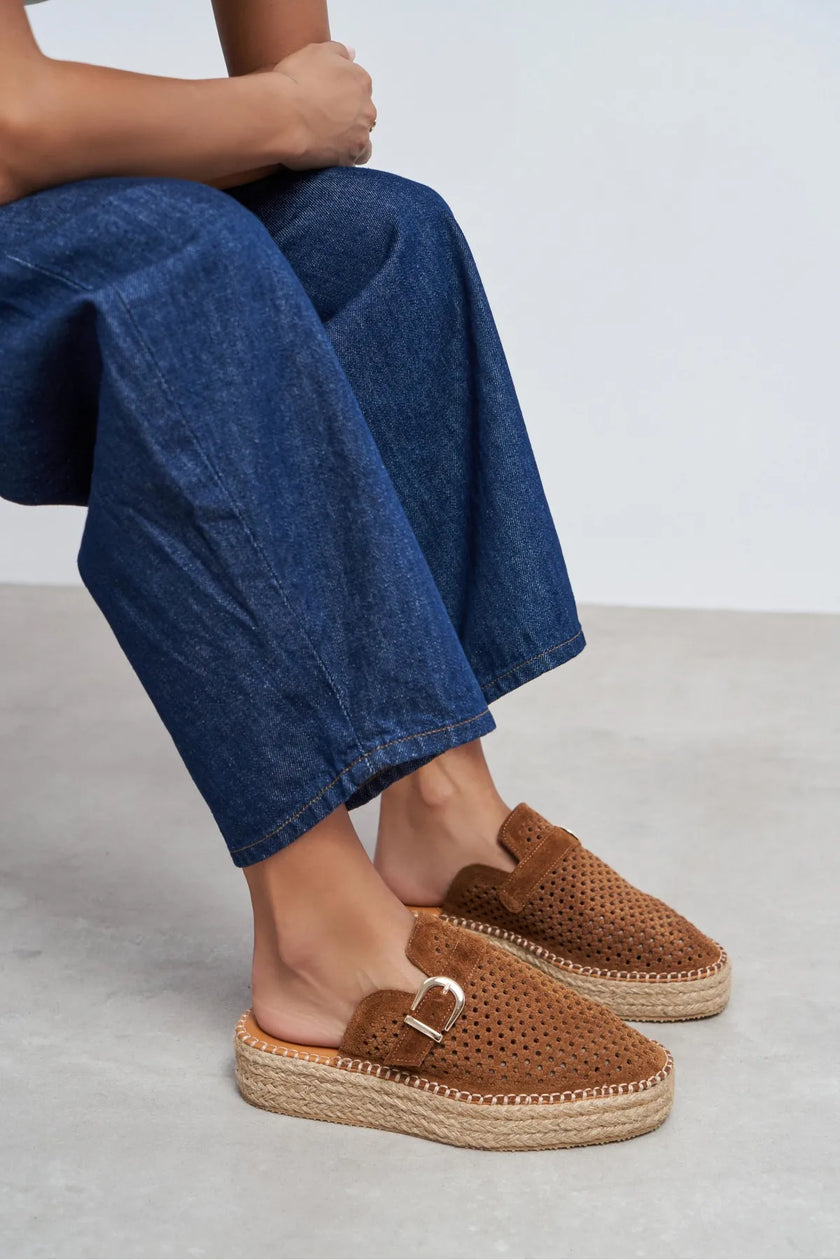 MAREN Tan Suede Leather Laser-Cut Buckle Detail Wedge Sole Women's Espadrille Sandals