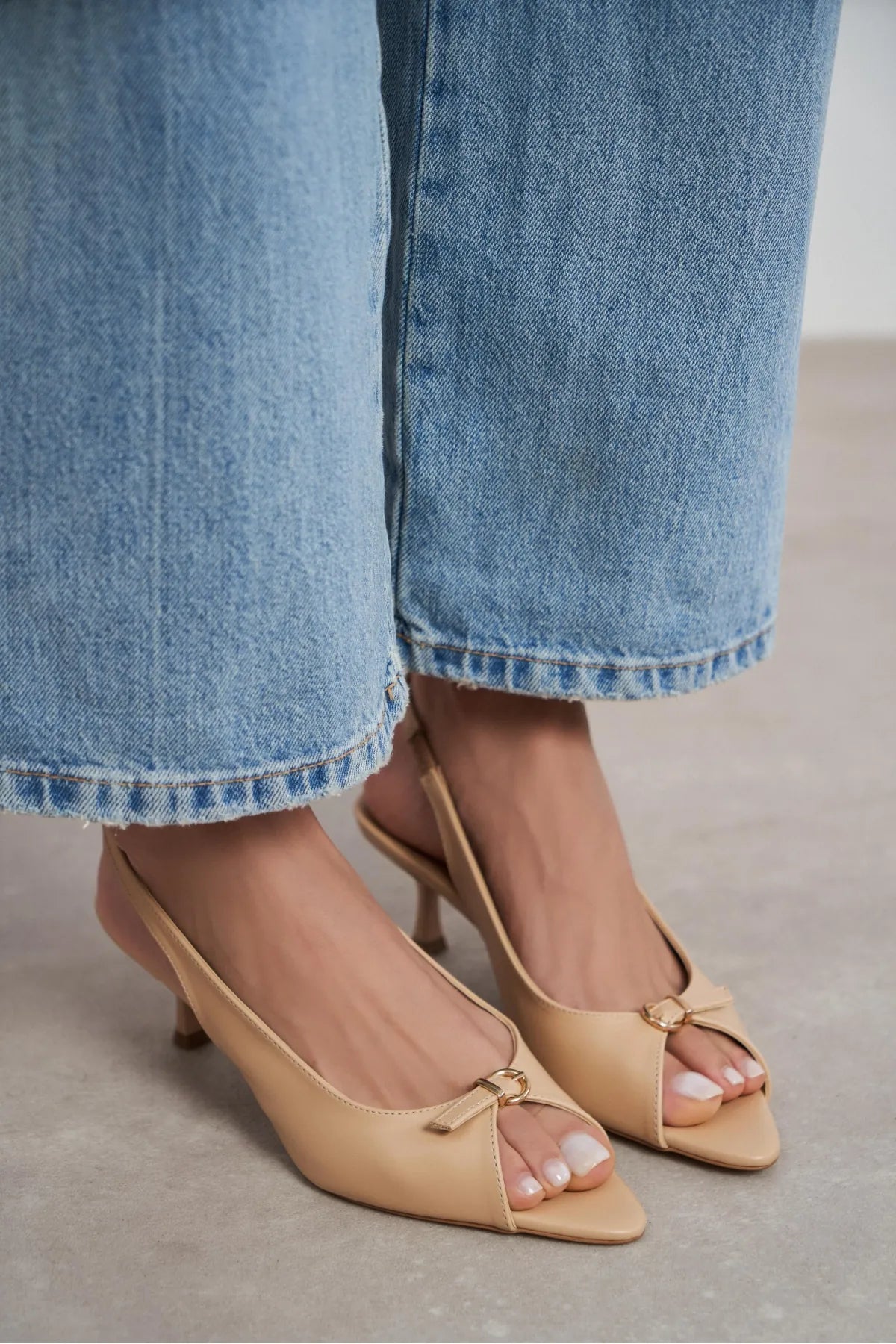 RONE Nude Matte Pointed Toe Open Front Buckle Women’s Shoes