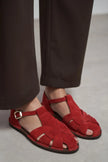 SOLTO Red Suede Leather Buckle Detail Flat Women’s Sandals