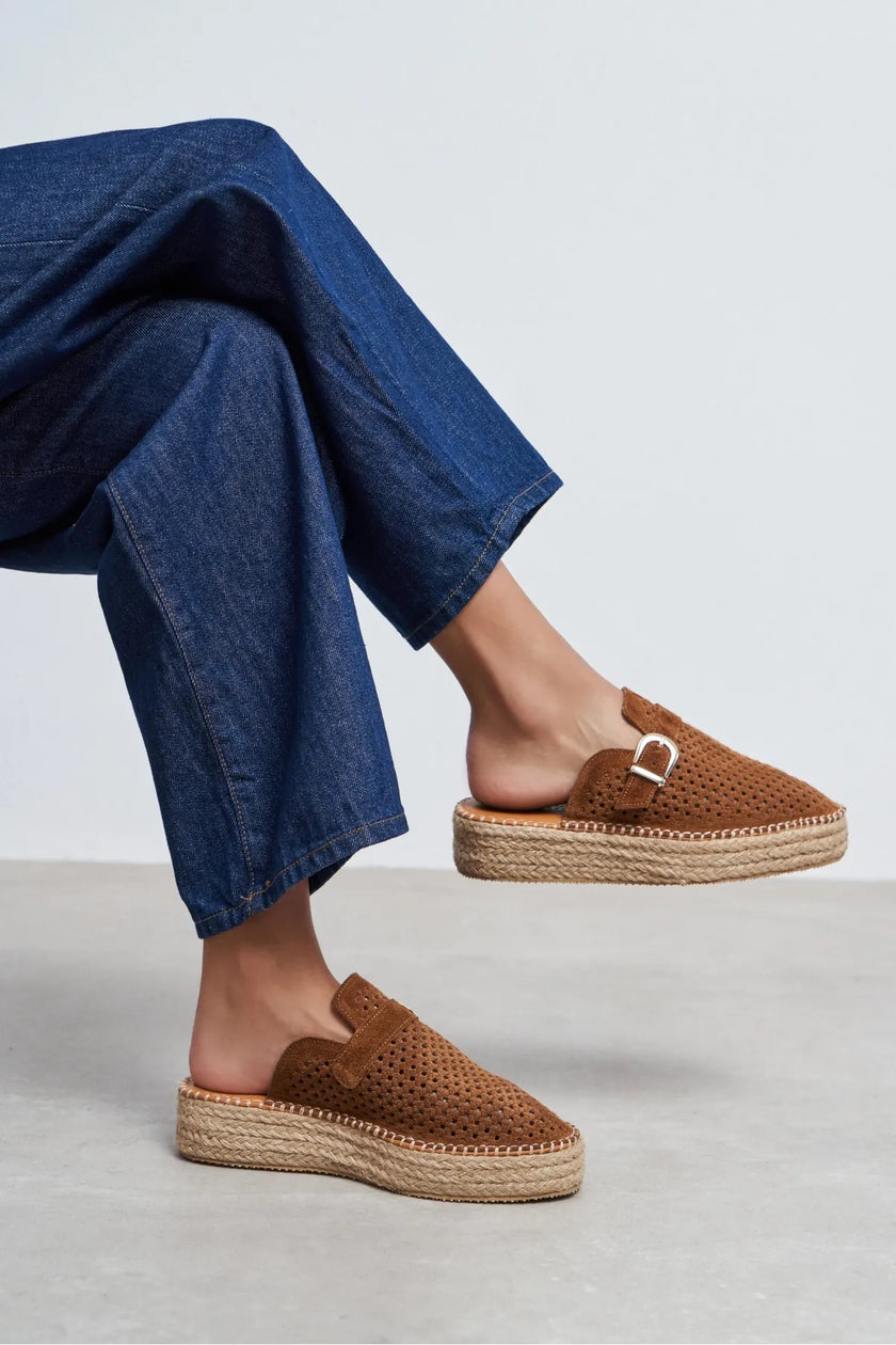 MAREN Tan Suede Leather Laser-Cut Buckle Detail Wedge Sole Women's Espadrille Sandals
