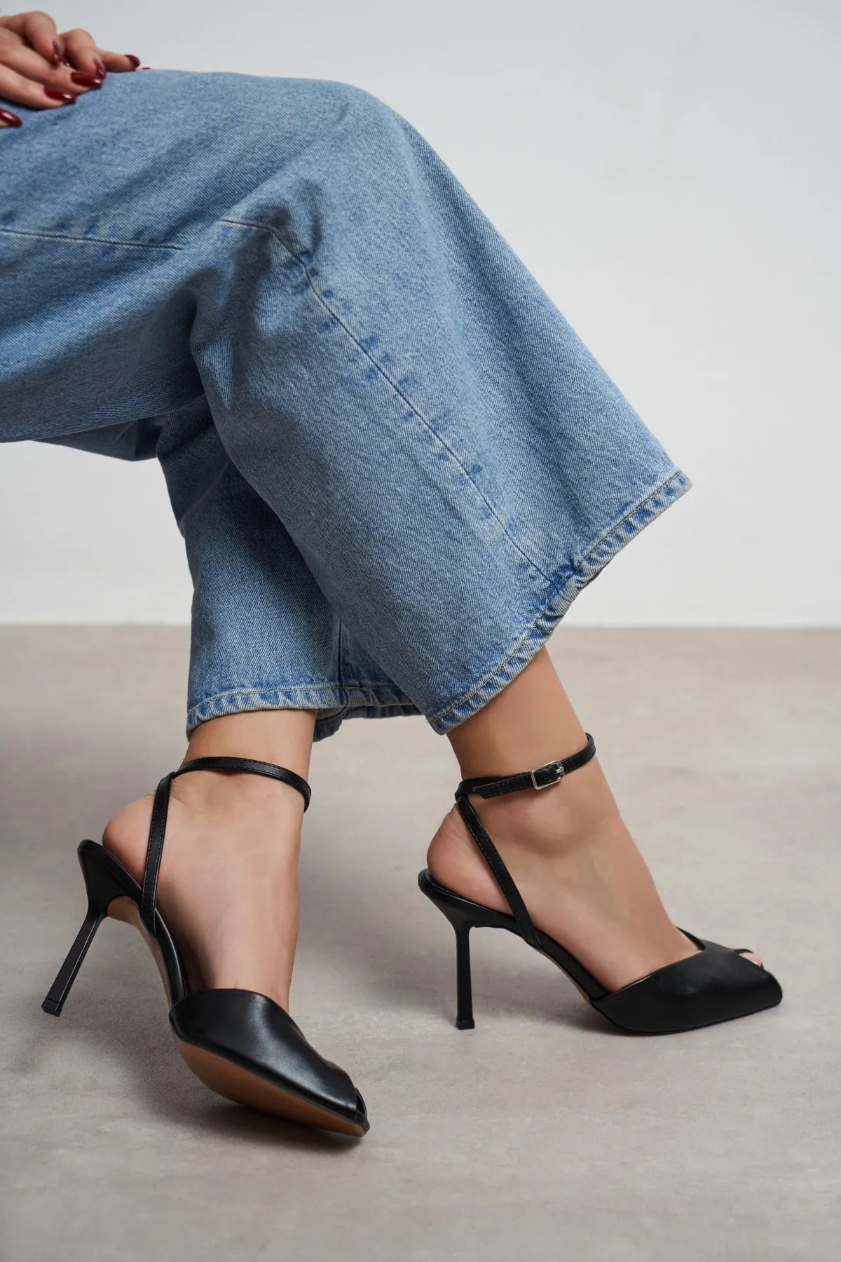 VELORA Black Matte Square Toe Open Front Ankle Strap Women’s Heeled Shoes