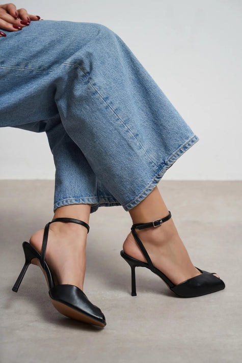 VELORA Black Matte Square Toe Open Front Ankle Strap Women’s Heeled Shoes