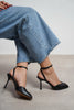 VELORA Black Matte Square Toe Open Front Ankle Strap Women’s Heeled Shoes