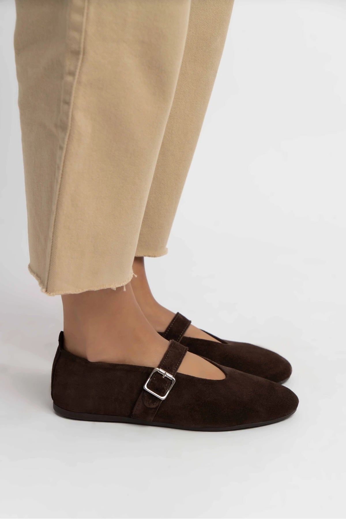 MERA BROWN SUEDE BUCKLE DETAIL BUCKLE DETAIL FLAT SOLE WOMEN'S BALLERINA