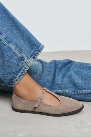 Mabel Dark Beige Genuine Suede Leather Buckle Detail Flat Women's Ballet Flats