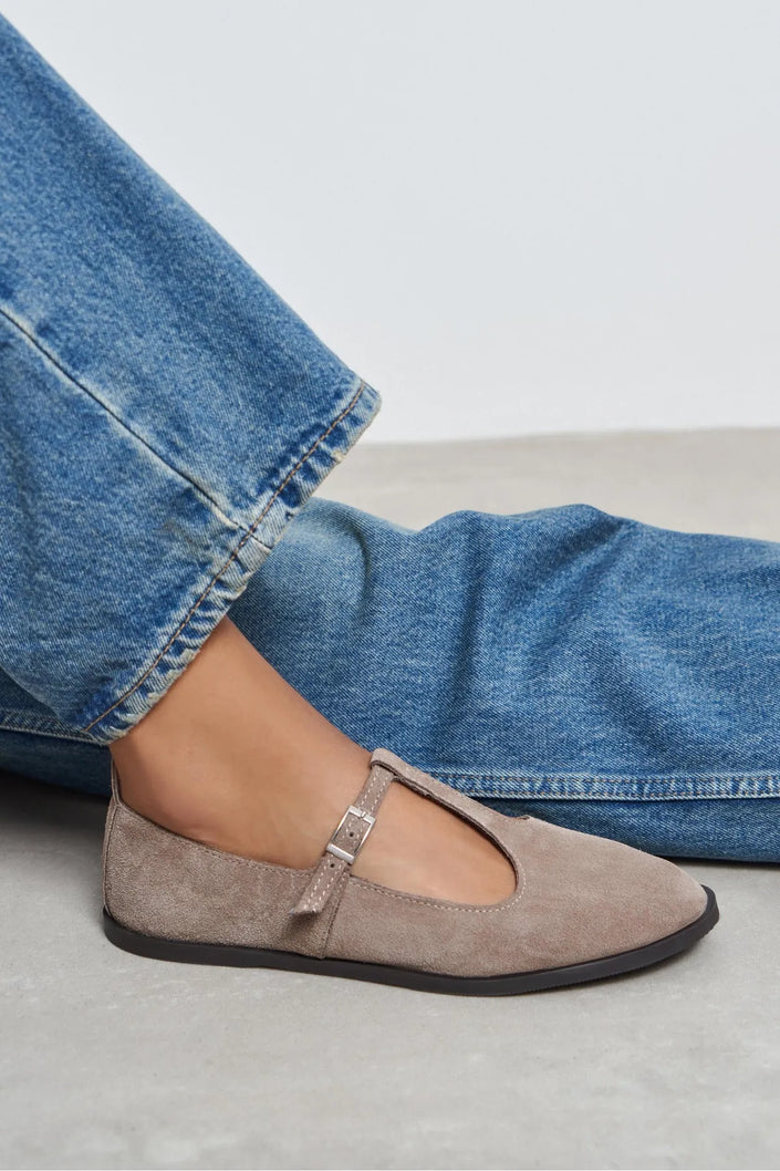 Mabel Dark Beige Genuine Suede Leather Buckle Detail Flat Women's Ballet Flats