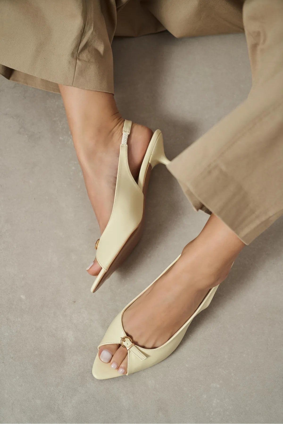 RONE Butter Yellow Matte Pointed Toe Open Front Buckle Women’s Shoes