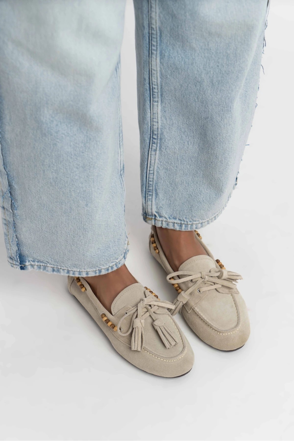 FISHER BEIGE FLAT SOLE BEAD DETAIL WOMEN'S BALLERINA SHOES