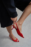 SALVA Red Satin Pointed Toe Open Front Women’s Heels