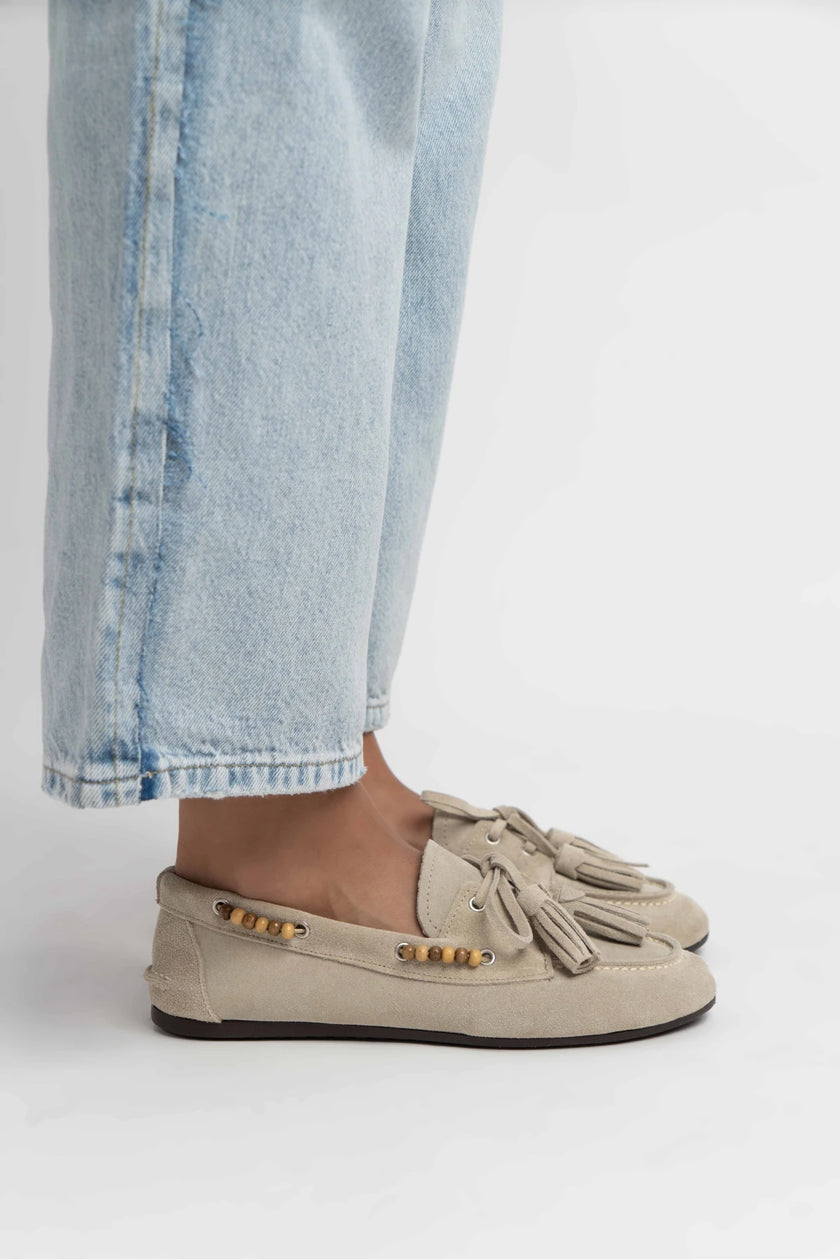 FISHER BEIGE FLAT SOLE BEAD DETAIL WOMEN'S BALLERINA SHOES