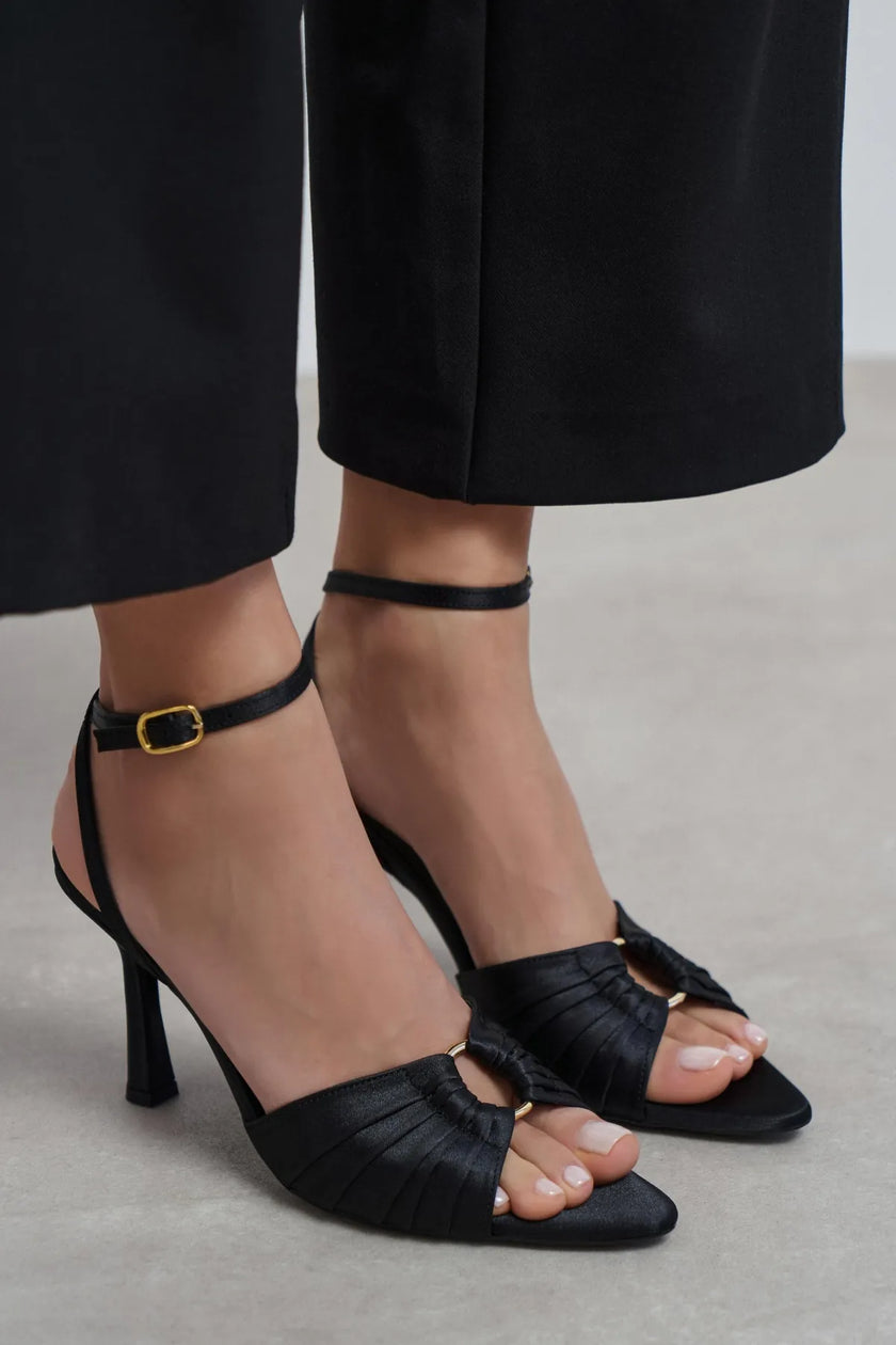 RAVEN Black Satin Ankle Strap Women’s Thin Heel Shoes