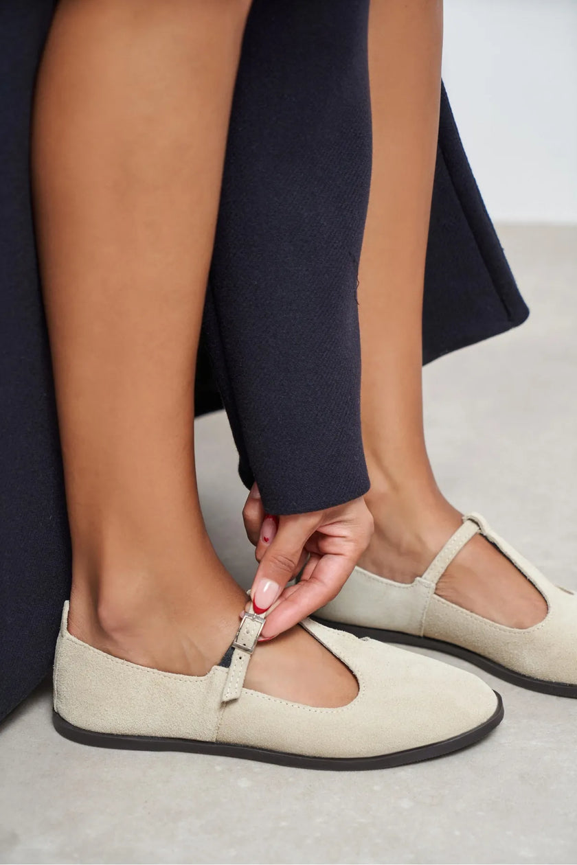 Mabel Beige Genuine Suede Leather Buckle Detail Flat Women's Ballet Flats
