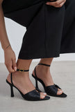 RAVEN Black Satin Ankle Strap Women’s Thin Heel Shoes