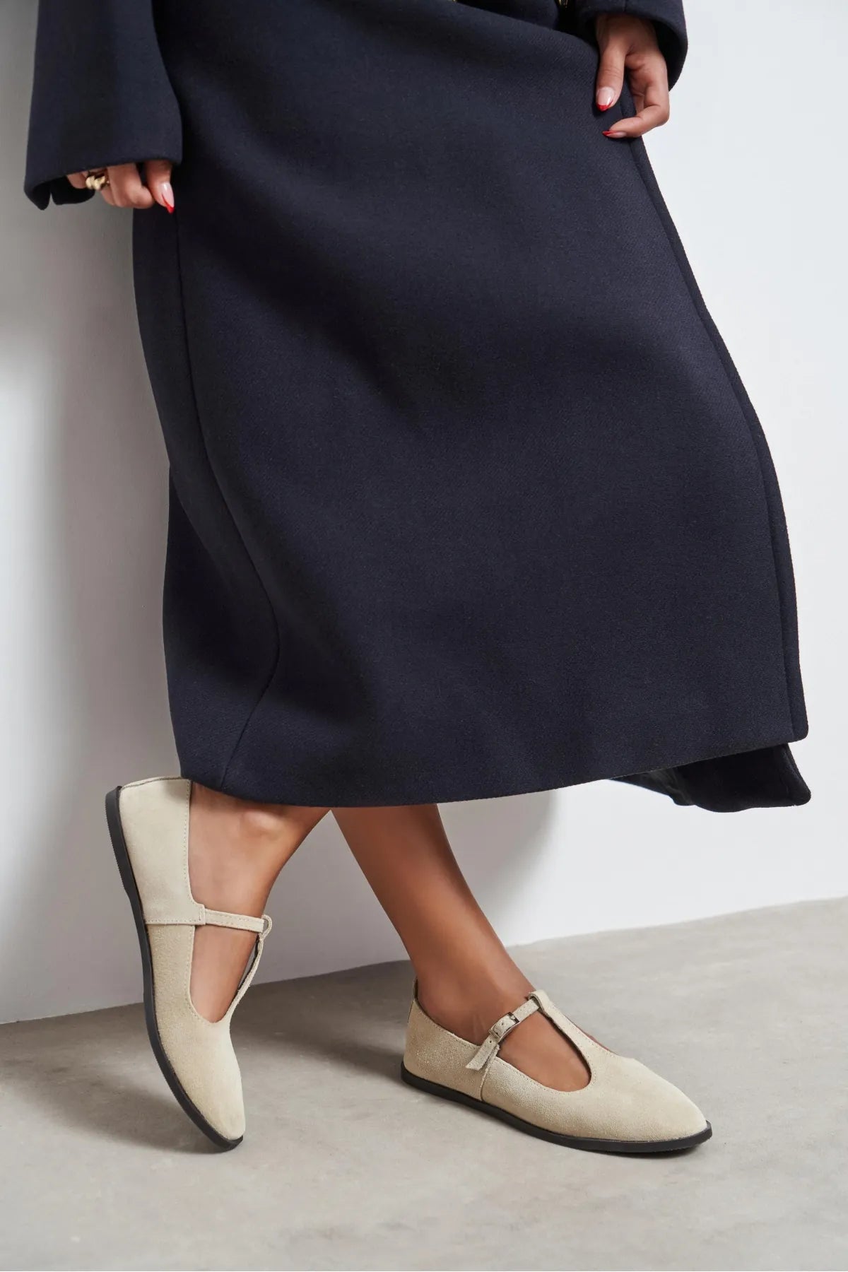 Mabel Beige Genuine Suede Leather Buckle Detail Flat Women's Ballet Flats