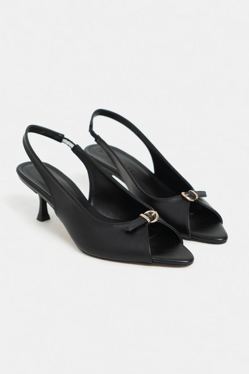 RONE Black Matte Pointed Toe Open Front Buckle Women’s Shoes