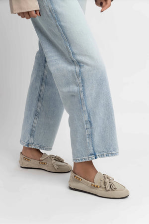 FISHER BEIGE FLAT SOLE BEAD DETAIL WOMEN'S BALLERINA SHOES