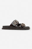 Simon Brown Wrinkled Matte Two Buckled Flat Sole Women's Slippers