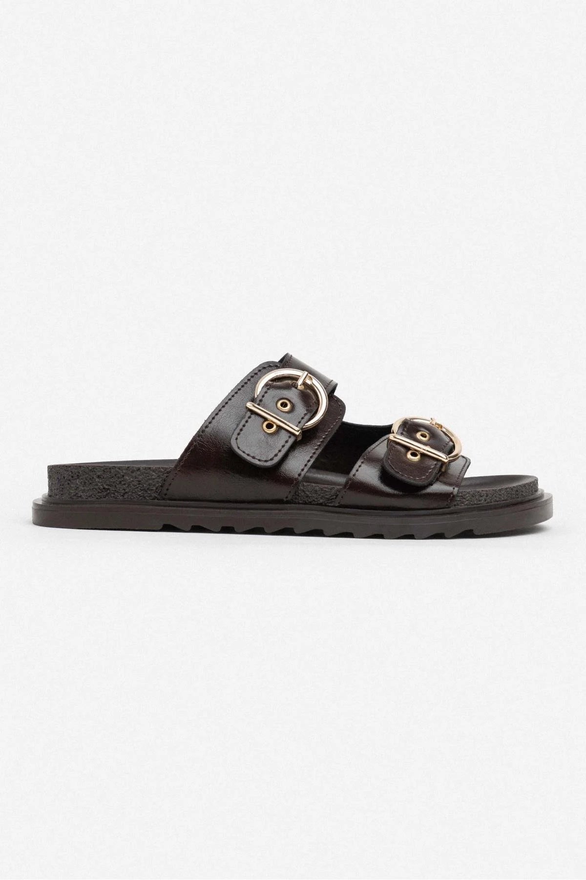 Simon Brown Wrinkled Matte Two Buckled Flat Sole Women's Slippers