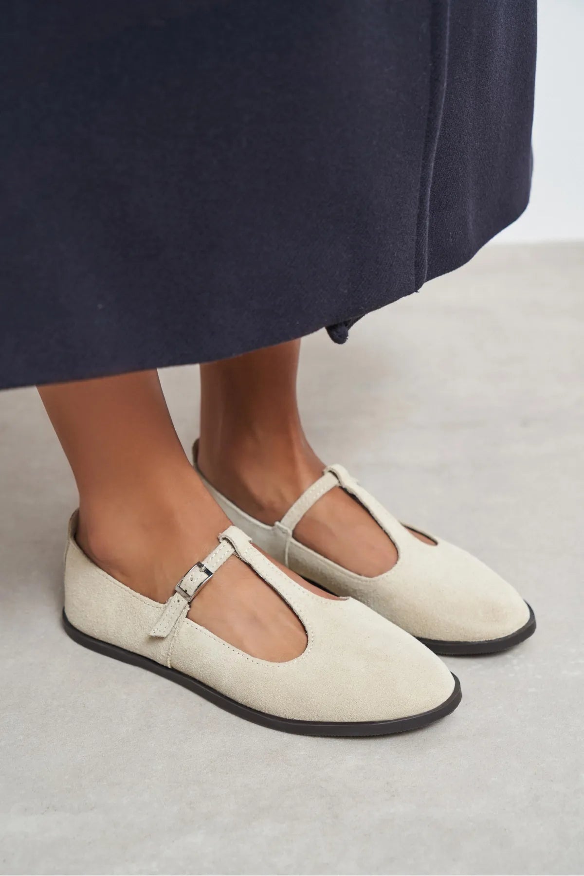 Mabel Beige Genuine Suede Leather Buckle Detail Flat Women's Ballet Flats