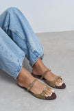 CALINA Rome Beige Suede Double Buckle Women's Flat Slippers