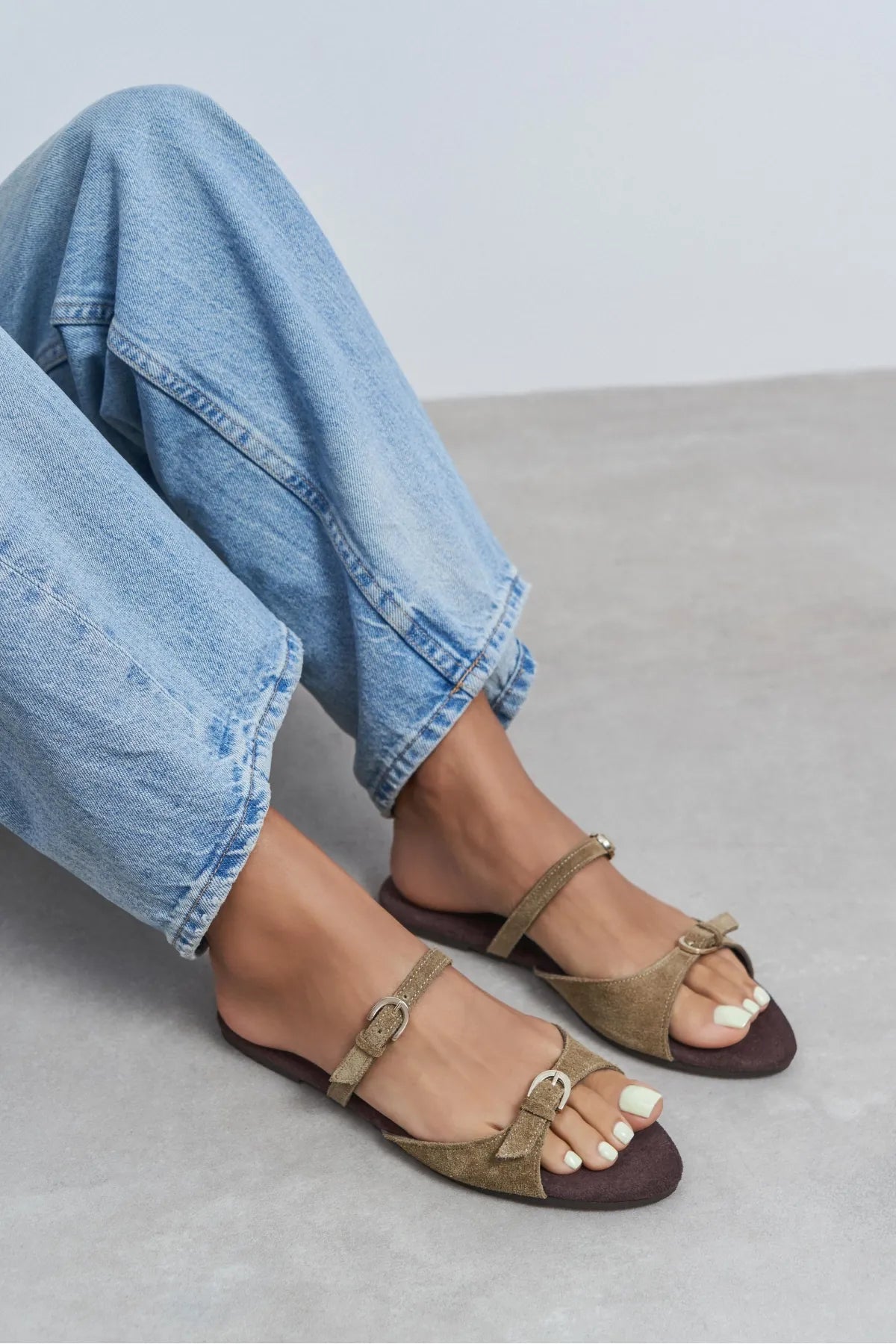CALINA Rome Beige Suede Double Buckle Women's Flat Slippers