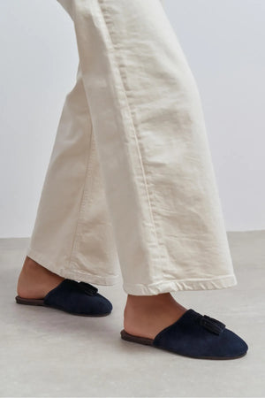 NELLA NAVY BLUE GENUINE SUEDE LEATHER TASSEL DETAIL WOMEN’S FLAT SLIPPERS