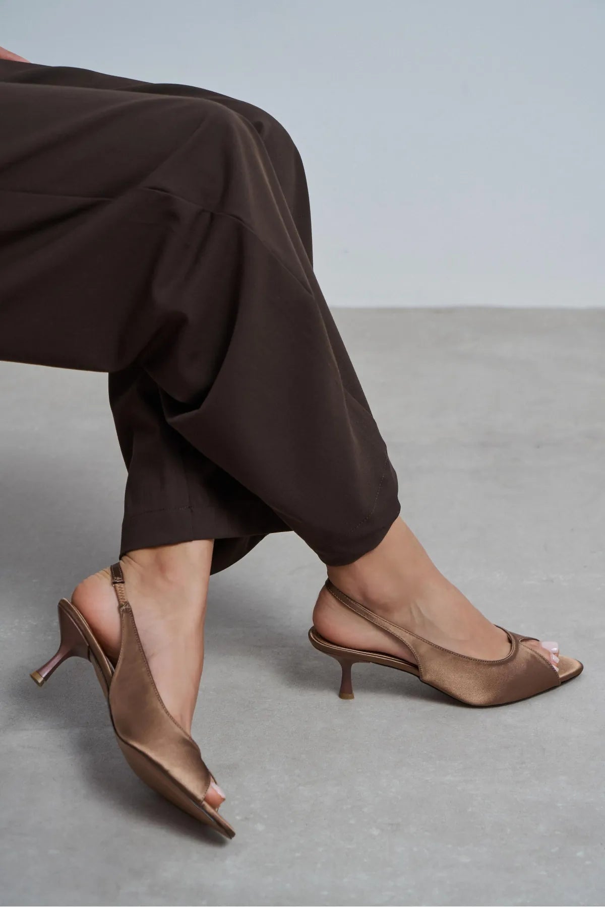 SALVA Brown Satin Pointed Toe Open Front Women’s Heels