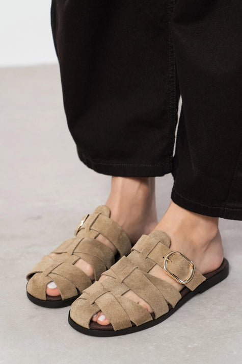 HONEY ROME BEIGE GENUINE SUEDE BUCKLE DETAIL WOMEN’S FLAT SLIPPERS