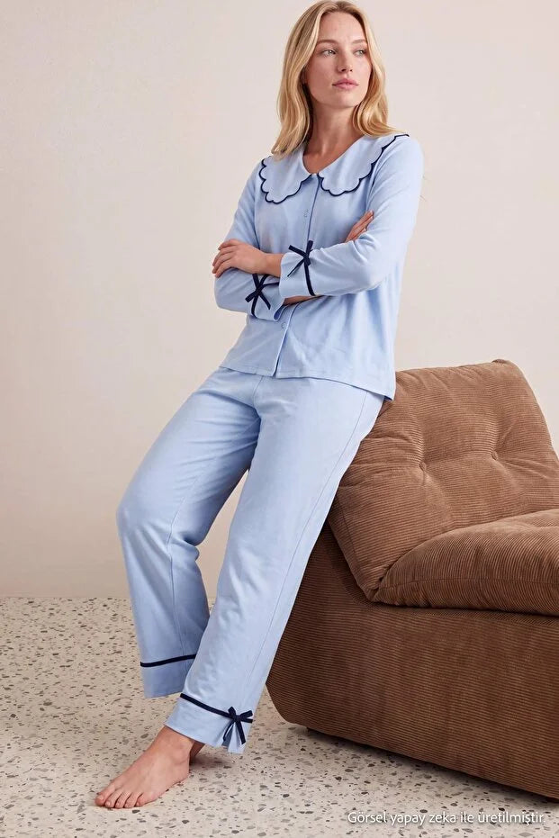Blue Bow Detail Viscose Woven Pajama Set