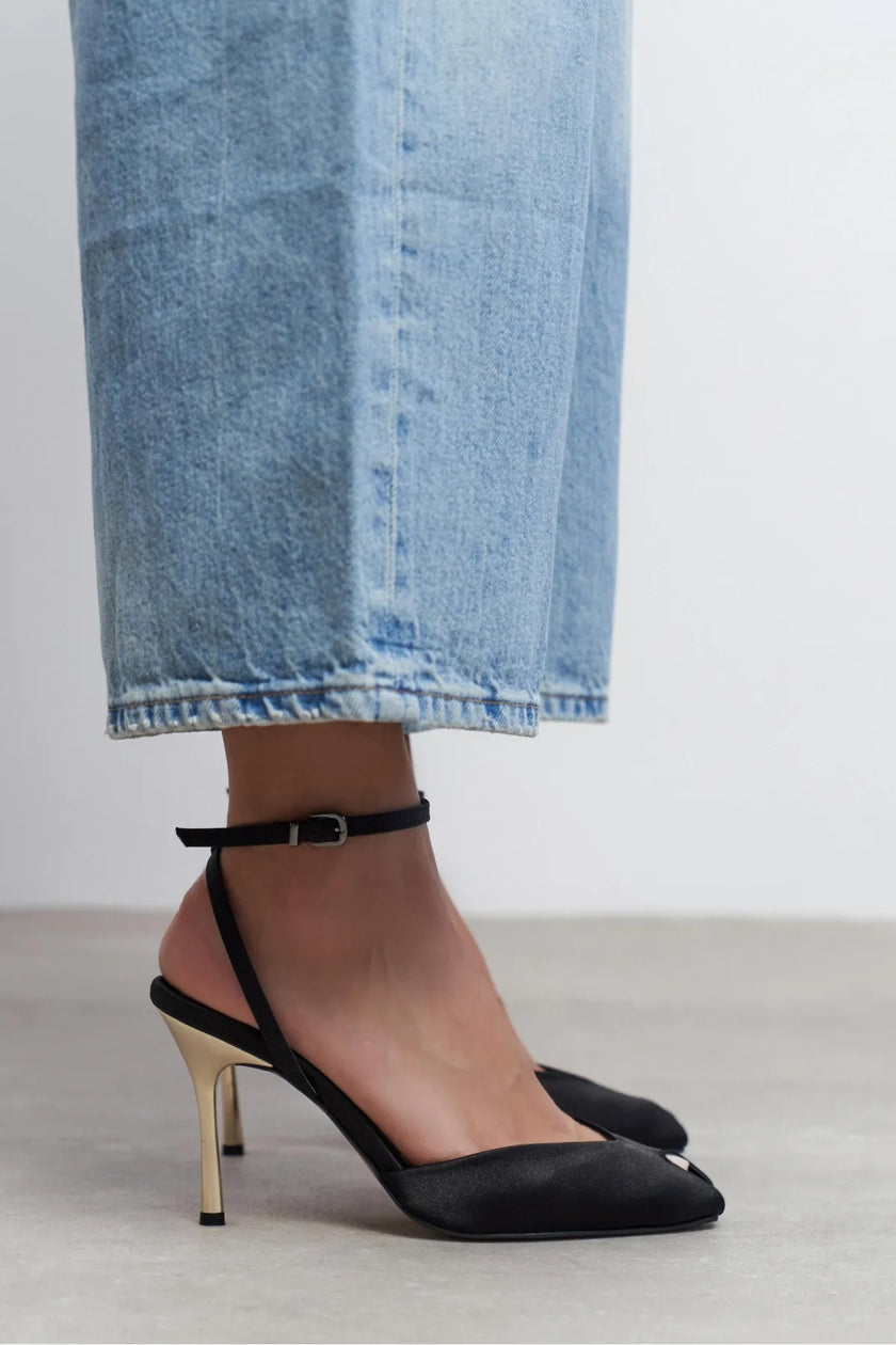 VELA Black Satin Ankle Tie Open Toe Women’s Heels