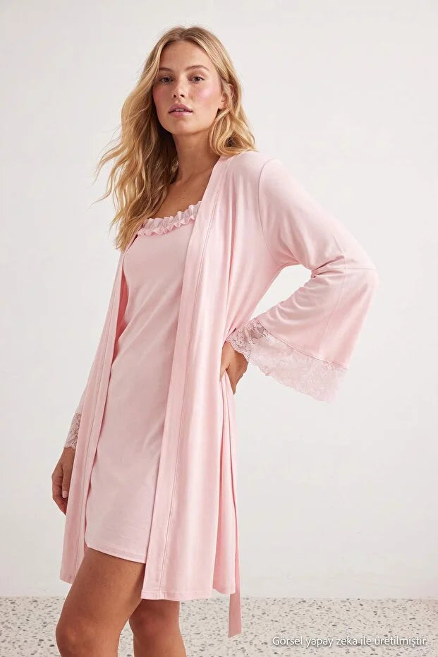 Powder Pink 2-Piece Viscose Knit Robe & Nightdress Set