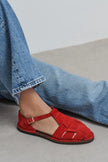 HUGEL Red Suede Leather Buckle Detail Flat Women’s Sandals