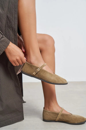 Nora Rome Beige Suede Genuine Leather Buckle Detail Flat Women's Ballet Flats