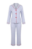 White & Blue Striped Heart Embroidered Piping Detail Viscose Woven Pajama Set