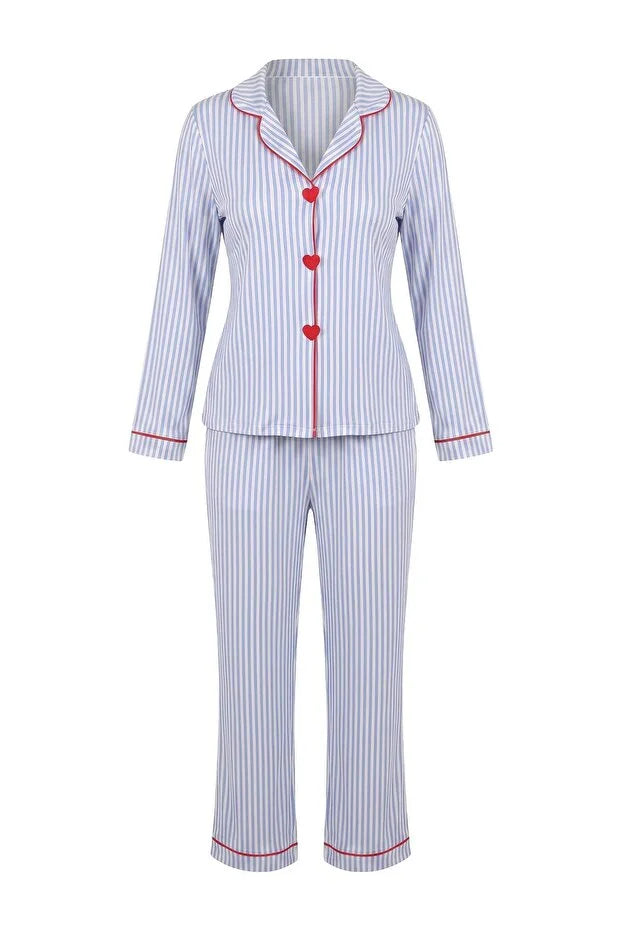 White & Blue Striped Heart Embroidered Piping Detail Viscose Woven Pajama Set
