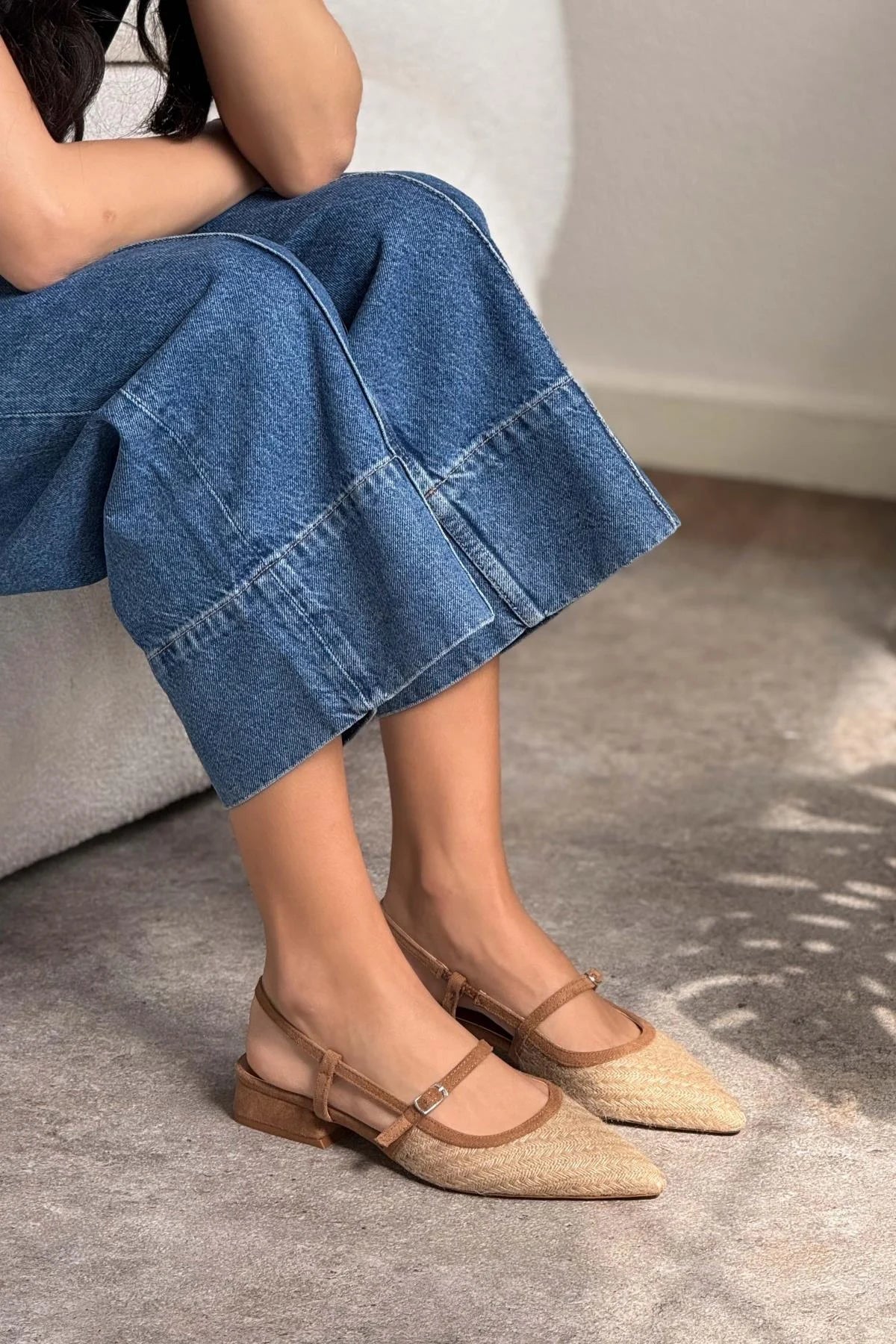 X-Harmony Wicker Tan Belt Detail Pointed Toe Short Heeled Women's Ballerinas