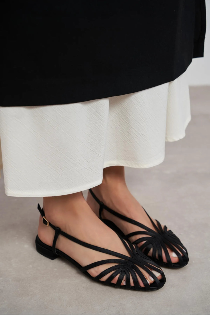 LENY Black Satin Piped  Low-Heel Women's Sandals