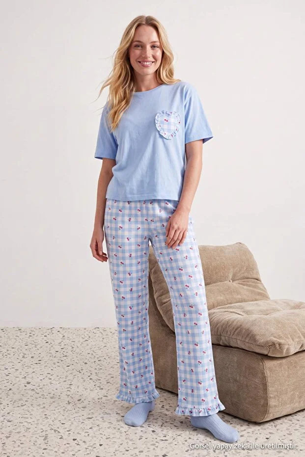 Blue 100% Cotton Cherry & Plaid Ruffle Knit Pajama Set