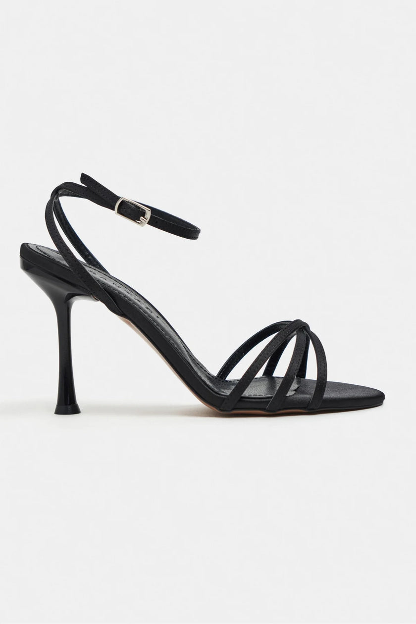 AVA BLACK SATIN CROSS-STRAP ANKLE TIE WOMEN’S HIGH HEELS